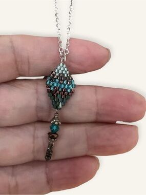 Vintage Teal Beaded Pendant Necklace silver accents